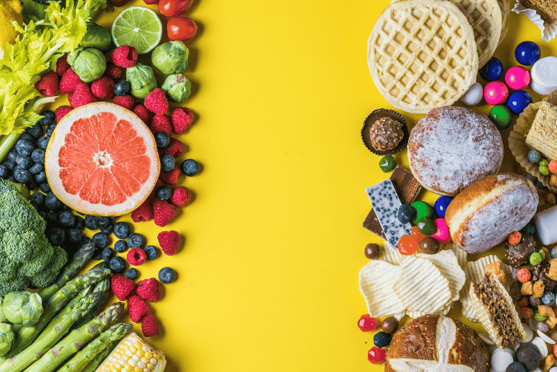 Alimentos saudáveis vs Alimentos não saudáveis